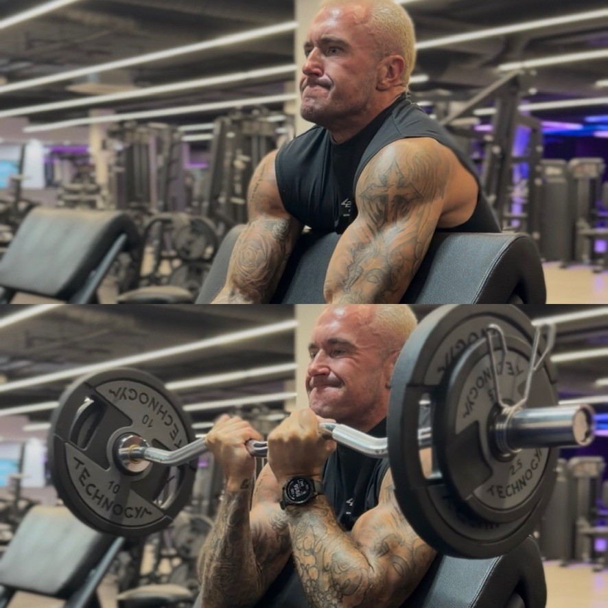 Danny performing preacher curls — top and bottom views of the movement