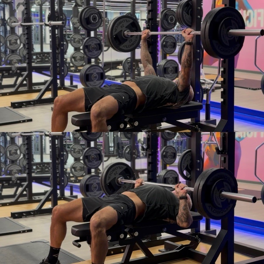 Danny bench pressing — top and bottom views of the movement