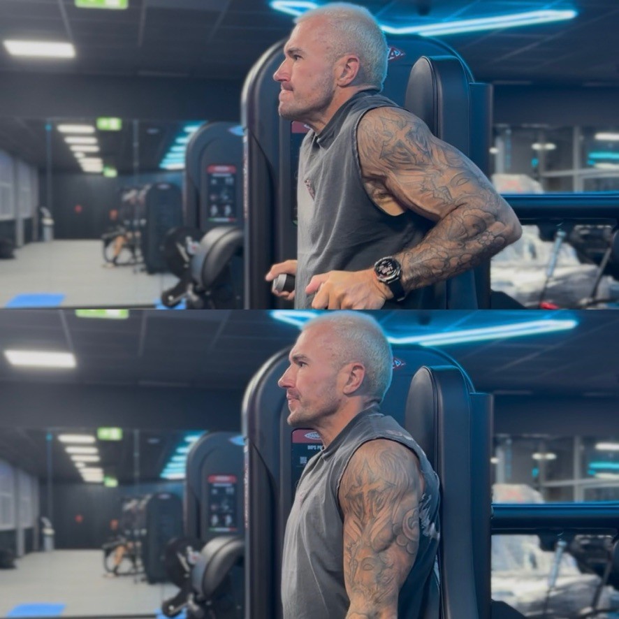 Danny using the seated dip machine — top and bottom views of the movement