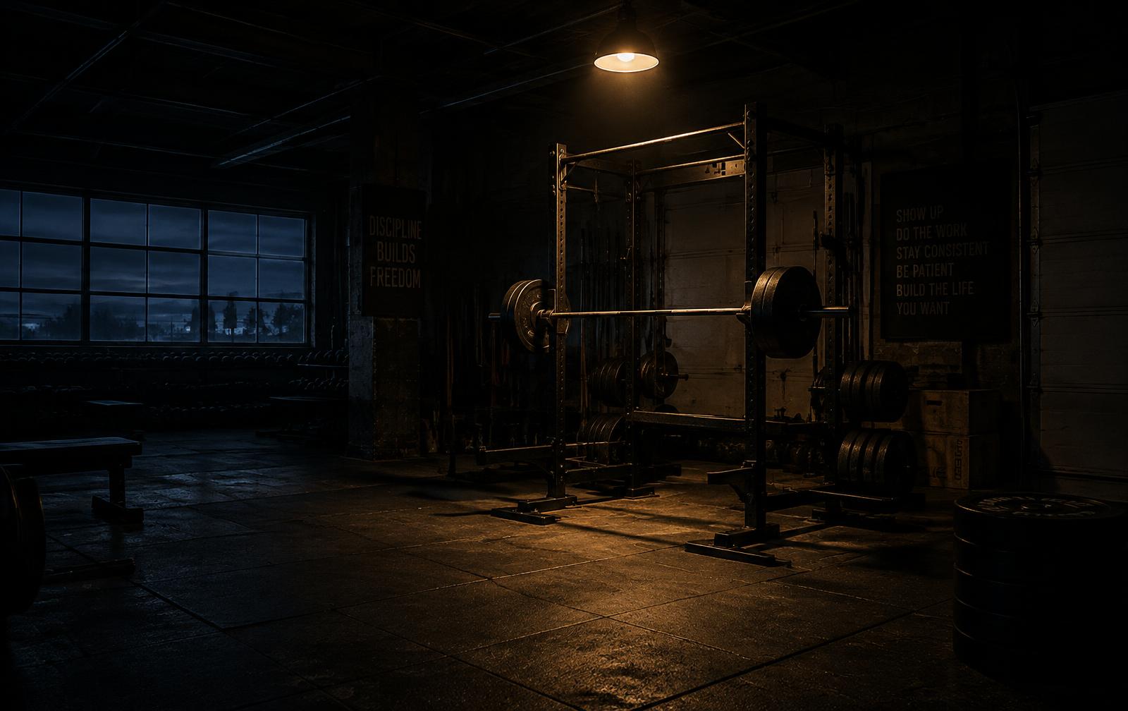 An empty, dimly lit gym in the early hours of the morning